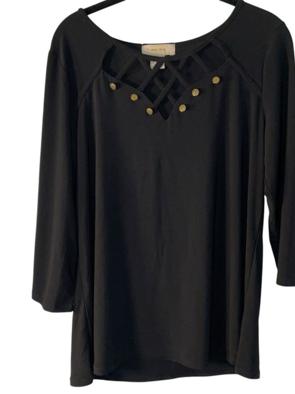 Dana Belle Black Long Sleeve Top with Lattice Neck and Gold Studs